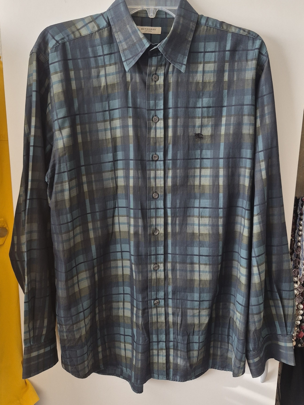 Burberry London Men’s Blue and Gray Plaid Button-Down Shirt Sz L